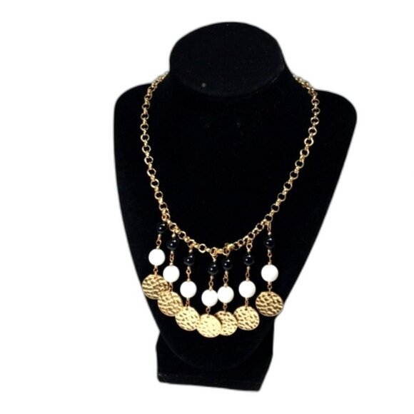 Gold Hammered Disc Charm Necklace w/ Black & White Beads – 22" Statement Jewelry - Picture 3 of 11